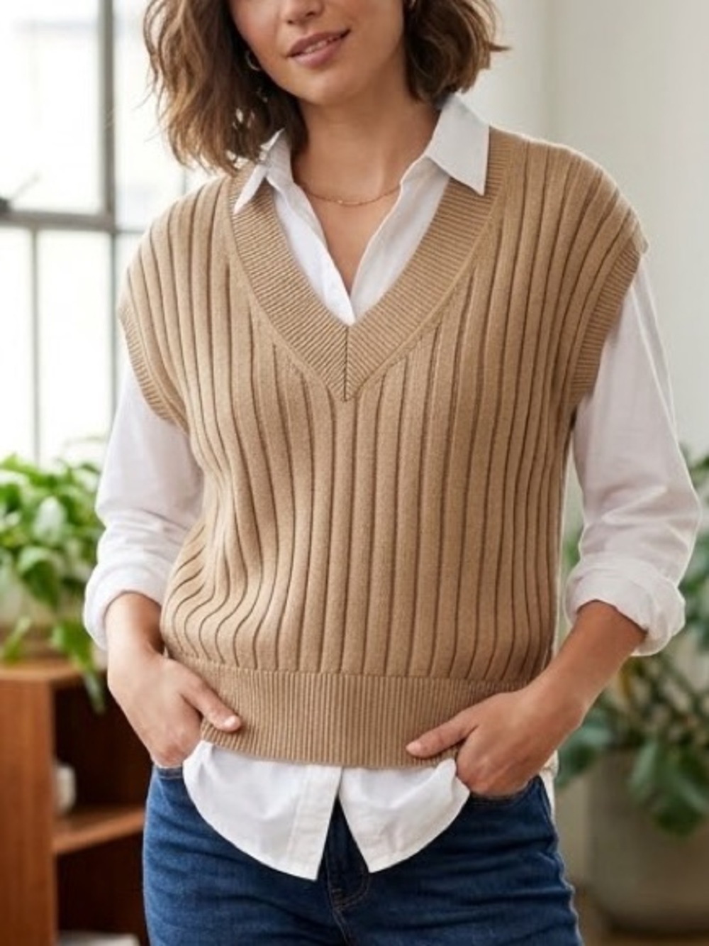 Gap Rib Knit V-Neck Dolman Sleeve Tan Sweater Vest